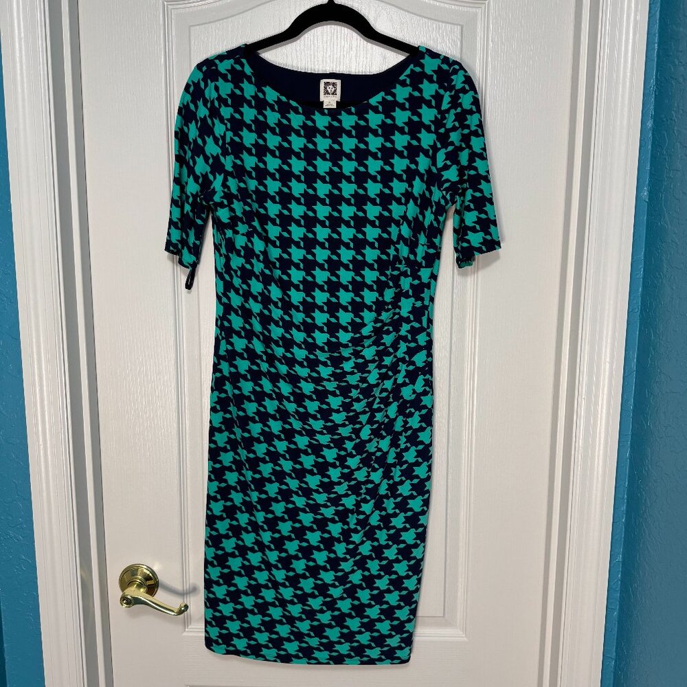 Anne Klein Houndstooth Sheath Dress Ruched Career Cocktail Teal Blue 8
